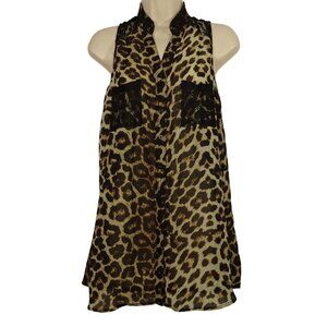 Wishful Park Leopard Print Sheer Sleeveless Blouse Women Size L Lace Detail